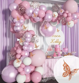 140 Pcs Pink Balloon Garland Lilac Purple Chrome Confetti Balloon Arch Kit Wedding Party Balloons With Butterfly Stickers